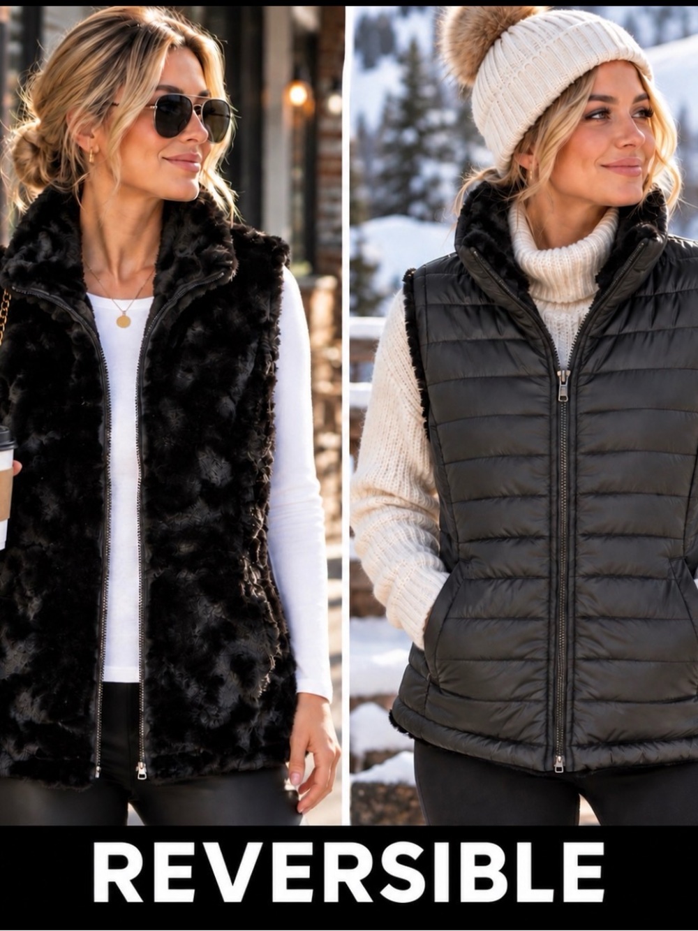 NWT Nicole Miller Reversible Faux Fur Puffer Vest Black Women’s Small